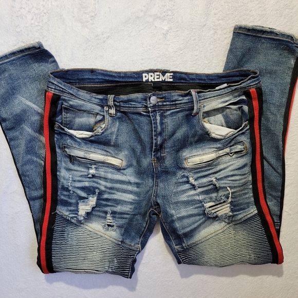 PREME Mens Distressed Red Black Side Stripe Moto Denim Jeans Streetwear 38 / 34 - Picture 5 of 13